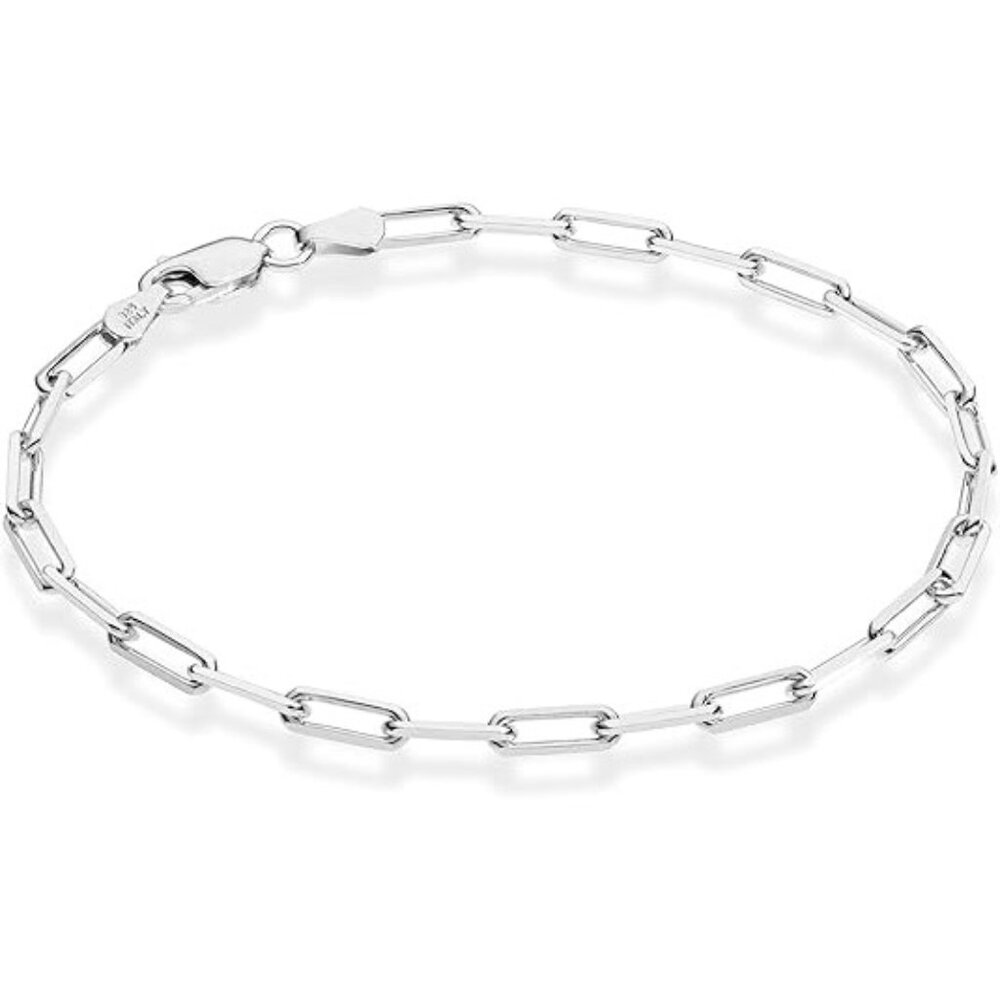 Solid 925 Sterling Silver Italian 3mm Paperclip Link Chain Bracelet for Women
